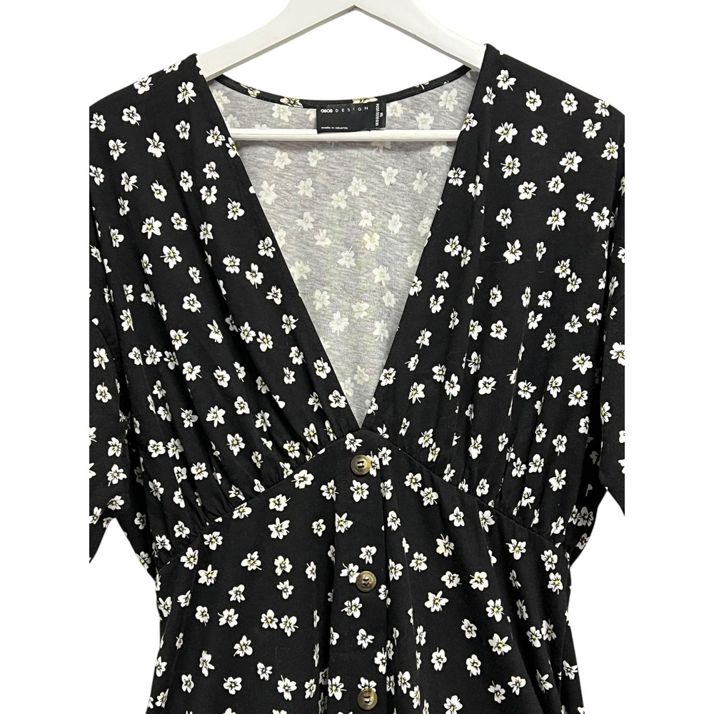 ASOS DESIGN Dress Womens 6‎ Tall Black Floral Button Front V-Neck Fit & Flare - Picture 3 of 11